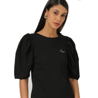 OUTRYT Women Puff Sleeve Placement Embroidery Black Top at Rs.359